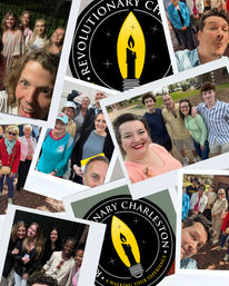 Polaroid-style collage of smiling outdoor tour groups and a bold yellow candle logo for a historic walking tour in Charleston — group selfies on brick sidewalks and park lawns.