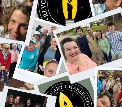 Polaroid-style collage of smiling outdoor tour groups and a bold yellow candle logo for a historic walking tour in Charleston — group selfies on brick sidewalks and park lawns.