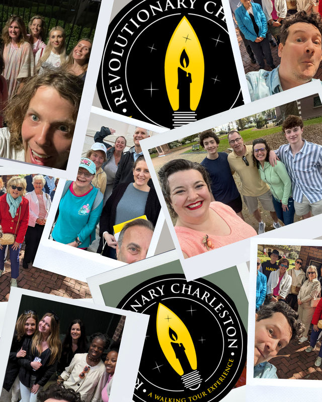 Polaroid-style collage of smiling outdoor tour groups and a bold yellow candle logo for a historic walking tour in Charleston — group selfies on brick sidewalks and park lawns.