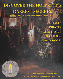 Poster of a foggy Charleston alley lit by lanterns promoting a spooky walking tour — “Discover the Holy City’s Darkest Secrets,” listing ghosts, pirates, lost love and boo hags.