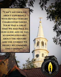 Historic white church steeple and clock framed by trees and brick rooftops in Charleston, with an inset aged-parchment customer review praising a ghost walking tour and guide, and a round candle-logo badge in the corner.