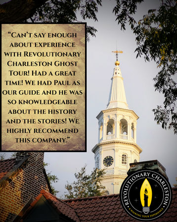 Historic white church steeple and clock framed by trees and brick rooftops in Charleston, with an inset aged-parchment customer review praising a ghost walking tour and guide, and a round candle-logo badge in the corner.