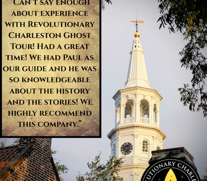Historic white church steeple and clock framed by trees and brick rooftops in Charleston, with an inset aged-parchment customer review praising a ghost walking tour and guide, and a round candle-logo badge in the corner.