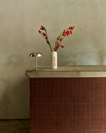 Minimalist interior scene with a concrete countertop and red square-tiled front, a cream cylindrical vase holding tall green stems with red buds, and a small brushed-metal table lamp against a textured neutral plaster wall.