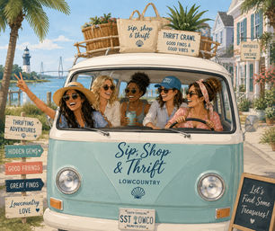 Five friends laughing in a turquoise vintage van on a Lowcountry, South Carolina thrift road trip; lighthouse, bridge, palm trees and antique shop signs
