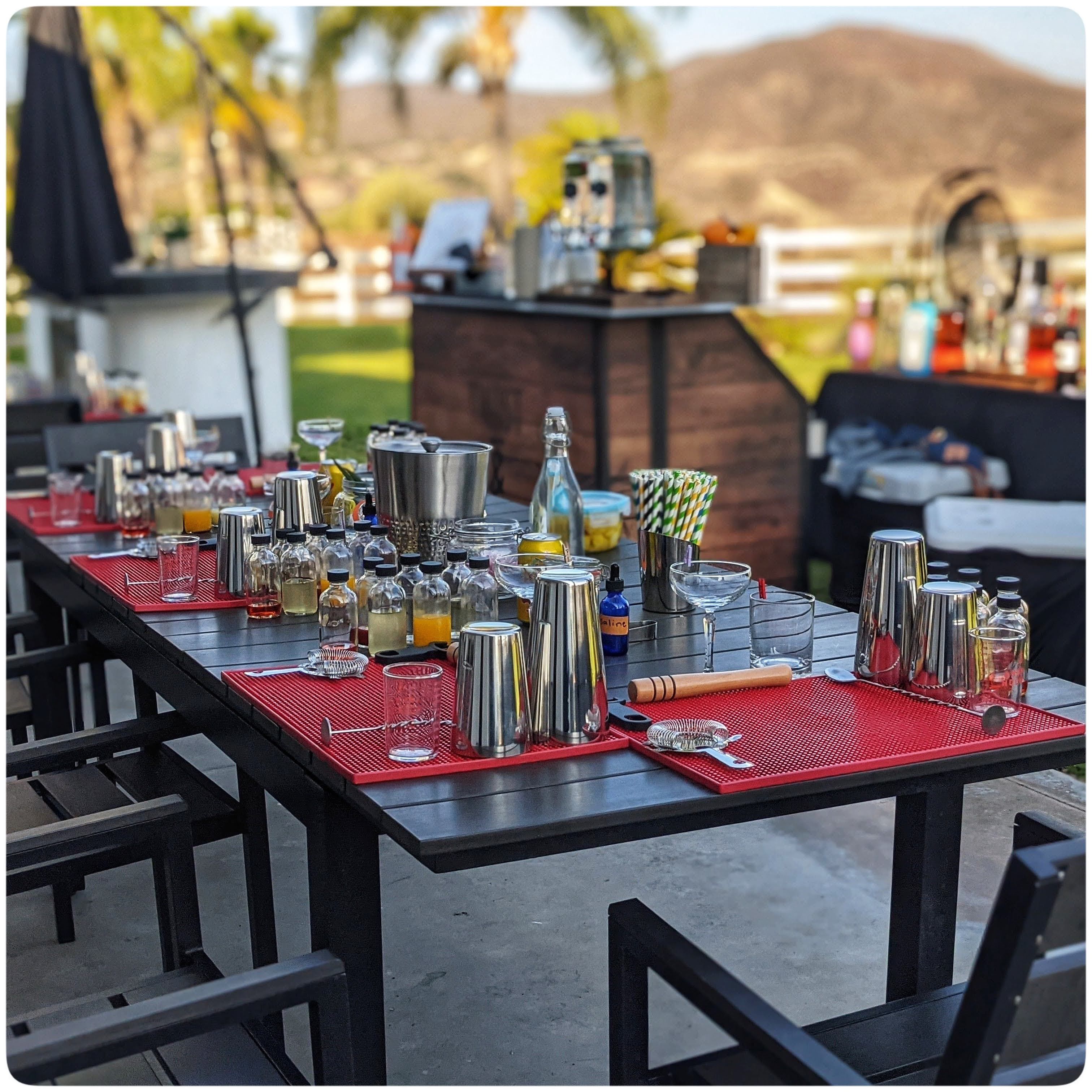 Backyard patio cocktail station with stainless shakers, mixers, glassware and striped straws on red bar mats, palm-tree and hillside backdrop