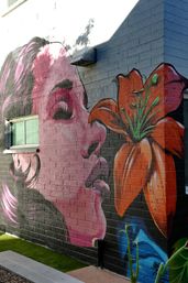Vibrant brick-wall urban mural: stylized pink female profile beside a giant orange lily, small window, exterior light fixture and turf at the building base.
