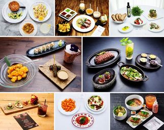 Vibrant restaurant collage of plated gourmet dishes — steak, sushi, salads, tapas, soups, desserts and cocktails on varied tables.