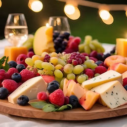 Inviting outdoor cheese and fruit platter on a wooden board with assorted cheeses, green and red grapes, raspberries, blueberries, wine glasses and warm string lights at a summer garden picnic