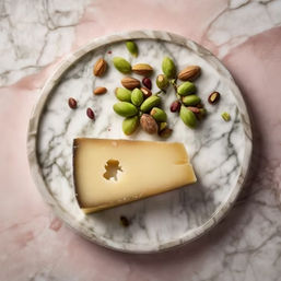Gourmet cheese platter: wedge of semi-hard cheese with a small hole on a round marble plate alongside green pistachios and almonds, set on a pink marble surface.
