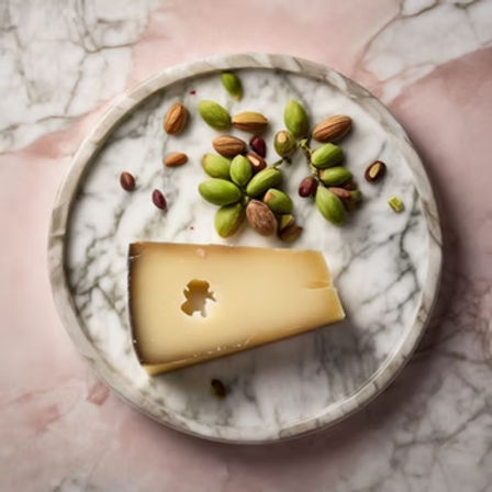 Gourmet cheese platter: wedge of semi-hard cheese with a small hole on a round marble plate alongside green pistachios and almonds, set on a pink marble surface.