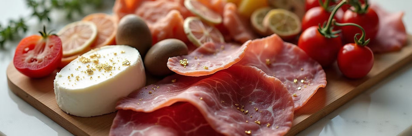 Mediterranean-style charcuterie board close-up with thin prosciutto-style cured ham, a soft round white cheese, cherry tomatoes on the vine, citrus slices, olives and edible gold flakes on a wooden board.