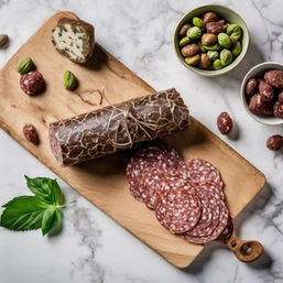 Wooden charcuterie board with a tied cured salami log and overlapping sliced salami rounds, herb-studded cheese, bowls of pistachios and small cured meat bites, and fresh basil on a marble countertop.
