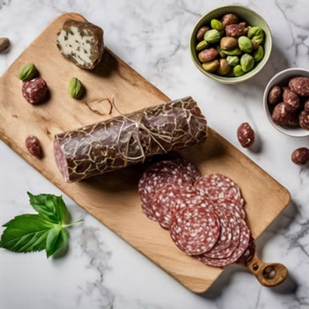 Wooden charcuterie board with a tied cured salami log and overlapping sliced salami rounds, herb-studded cheese, bowls of pistachios and small cured meat bites, and fresh basil on a marble countertop.
