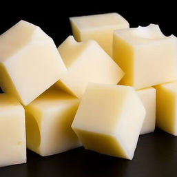 Bite-sized pale yellow cheese cubes stacked on a black surface — creamy cubed cheese ideal for snacks or appetizers.