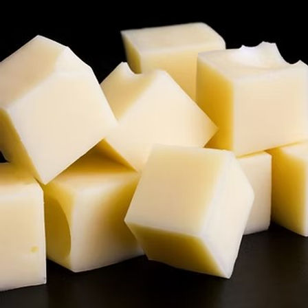 Bite-sized pale yellow cheese cubes stacked on a black surface — creamy cubed cheese ideal for snacks or appetizers.