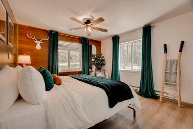 Sunlit cozy modern bedroom with white bedding, dark green velvet throw and curtains, wood-paneled accent wall with white decorative deer mount, ceiling fan, large windows overlooking trees, potted plant and wooden blanket ladder.