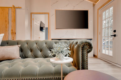 Cozy modern-rustic living room with a green tufted velvet Chesterfield sofa, round marble side table with potted plant, wall-mounted flat-screen on a marble accent wall, wood barn door and glass French door letting in natural light.