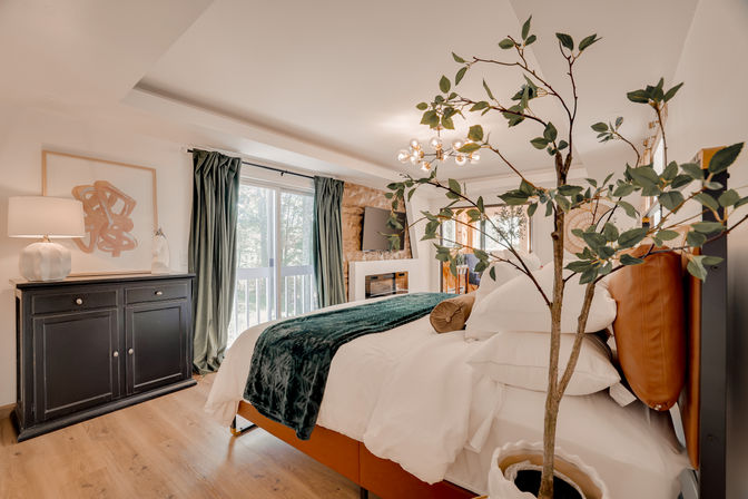 Cozy sunlit modern bedroom interior with white linens and leather headboard, green velvet throw, large potted plant, sliding glass door to a balcony, stone accent wall with wall-mounted TV, black storage cabinet and wood floors