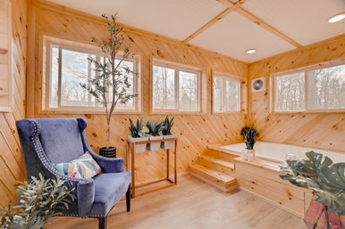 Bright wood-paneled relaxation room with a built-in soaking tub and steps, blue velvet wingback chair with a colorful pillow, potted plants, and large windows overlooking winter woods
