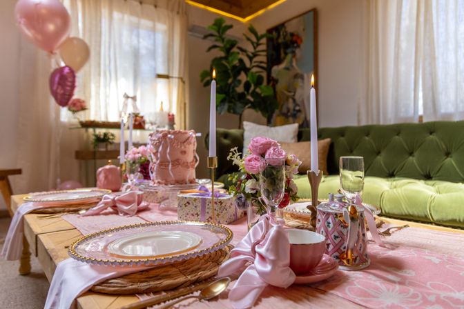 Cozy indoor pink tea-party table setting in living room with tiered cake, balloons, lit tapers, floral centerpiece, gold-rimmed plates and green tufted sofa