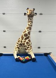 Stuffed giraffe leaning on a blue-felt pool table with a racked set of colorful billiard balls in front, set inside a garage with a white paneled door.