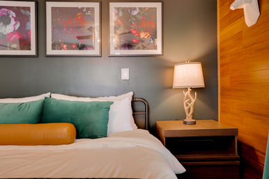 Cozy modern bedroom interior with green pillows and tan bolster, floral framed art on a dark wall, glowing antler-style bedside lamp on a wooden nightstand and warm wood accent wall.