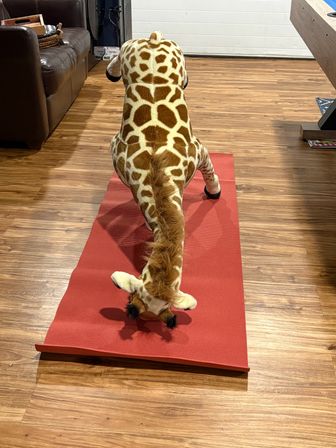 Playful giant plush giraffe stretched head-first on a red yoga mat in a home living area with hardwood floors and a leather sofa nearby.