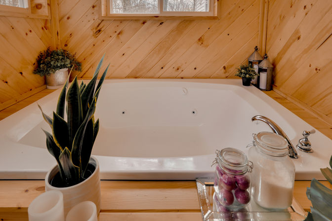 Cozy rustic cabin bathroom with a white jetted bathtub set in pine wood paneling, potted plants and glass jars of bath salts on the tub ledge — spa-ready.
