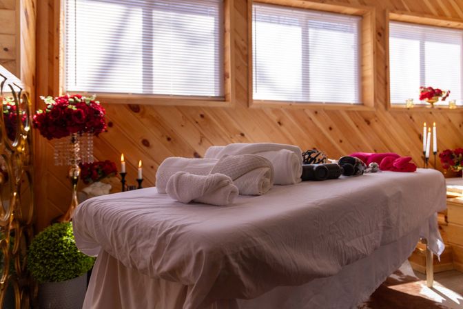 Cozy wood-paneled spa treatment room with a massage table draped in white linens, rolled towels, lit candles and red floral arrangements beneath sunlit windows.