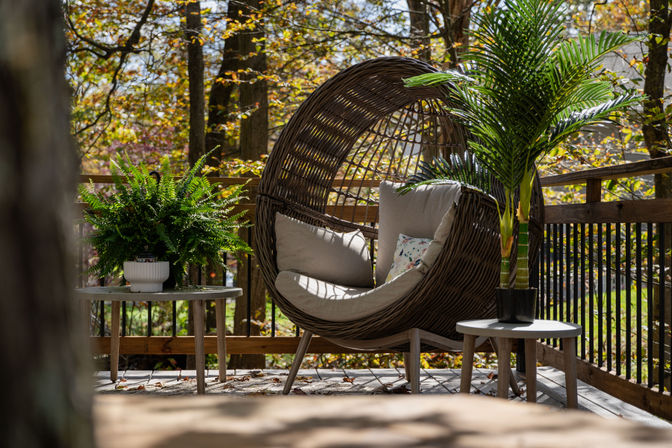 Cozy wicker egg chair with beige cushions on a sunlit wooden deck patio, flanked by potted ferns and a palm plant, with autumn trees and fallen leaves in the background.