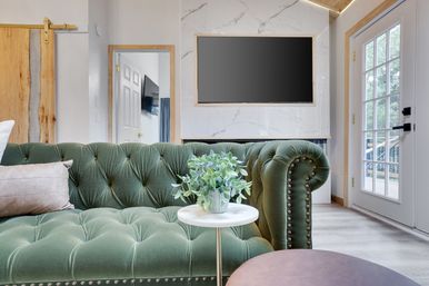 Sunlit contemporary living room featuring a green velvet tufted sofa, small marble side table with a potted plant, marble accent wall with a mounted TV, sliding barn door and glass French door to an outdoor deck.