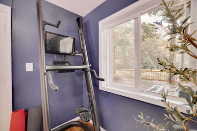 Cozy home gym corner with a vertical trainer and TV mount against deep blue walls, rolled yoga mats on the floor, and a large window looking out to a wooded backyard deck with a potted plant by the sill.