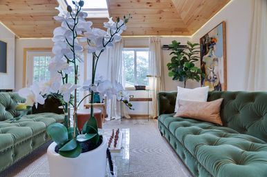 Cozy modern living room with wood-paneled vaulted ceiling and skylight, green tufted velvet sofas, white orchid centerpiece on a glass coffee table with a chess set, large window with light curtains and a leafy indoor plant.