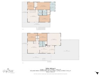 Two-story residential floor plan in soft colors showing first and second floor layouts, labeled rooms, covered decks and large rear deck — total 2,676 sq ft.