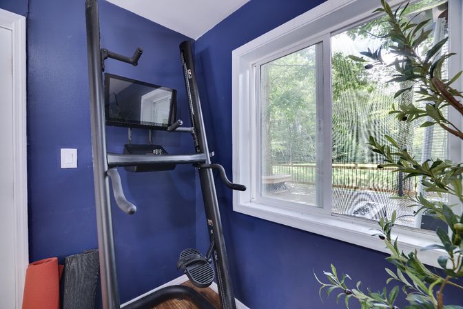 Home gym corner with deep-blue walls featuring a vertical climber machine and monitor, rolled yoga mats and plant beside a large window overlooking a backyard deck and trees