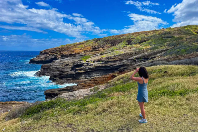 Person in a blue dress standing on a grassy bluff gazing at rugged rocky coastal cliffs and turquoise ocean under a bright blue sky.