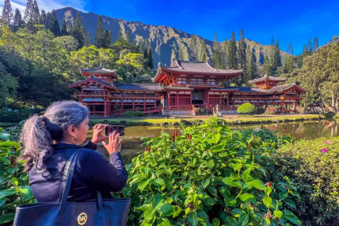 Person photographing a red Japanese-style temple by a reflective pond in a lush tropical valley with mountain backdrop and tall pines