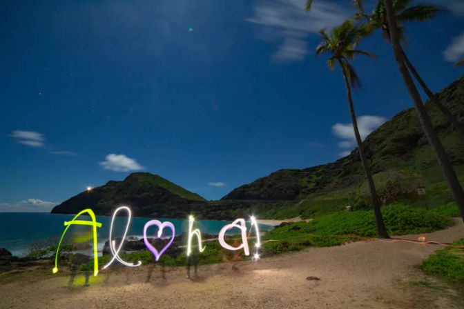 Moonlit Hawaiian beach with palm trees and green cliffs, long-exposure light painting spelling aloha with a heart-shaped "o" above a sandy path.