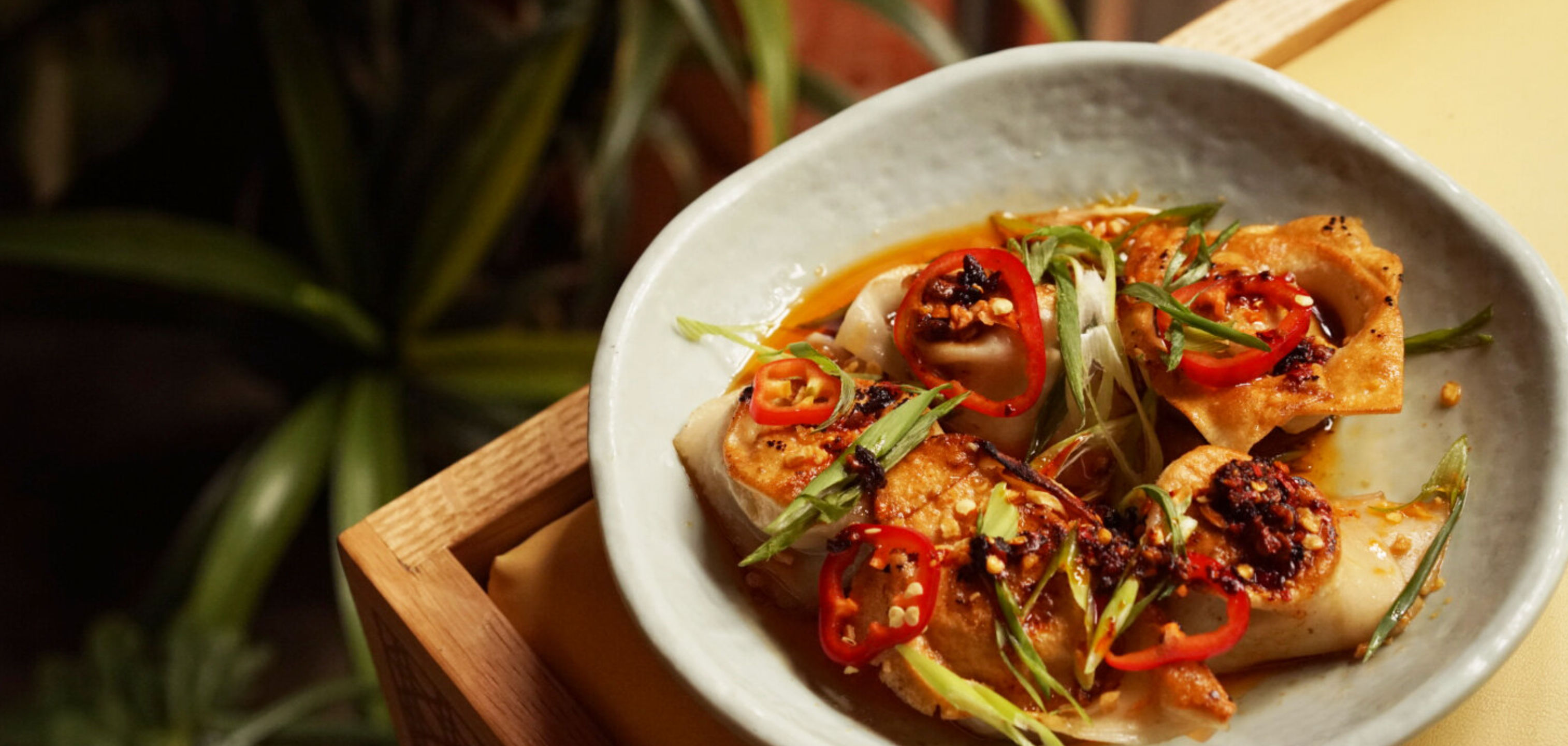 Mouthwatering spicy pan-fried Asian dumplings in a white ceramic bowl topped with sliced red chilies, scallions and chili oil, served on a wooden tray.