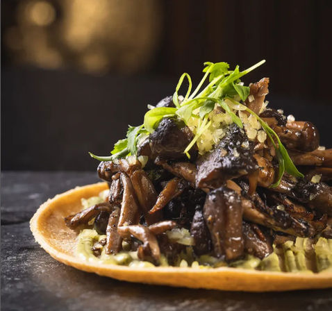 Close-up of a gourmet sautéed mushroom taco on a toasted corn tortilla with avocado crema and microgreens on a dark stone background.