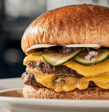 Close-up of a mouthwatering American-style double cheeseburger with melted cheddar, sliced pickles, diced red onion and mayo on a toasted brioche bun