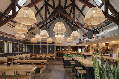 Airy rustic cafe interior with vaulted timber beams and skylights, oversized woven pendant lights, long communal wooden tables, bar seating and indoor plants.