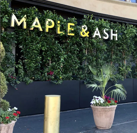 Urban storefront with gold-metal lettering above a lush living green wall, decorative potted palm and colorful flowering planters on the sidewalk