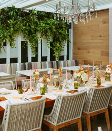 Cozy chic outdoor patio dining with long wooden table, wicker chairs and striped banquette, crystal chandelier, vertical green wall, floral centerpieces and taper candles set for a meal.