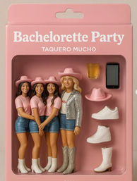 Pink packaged bachelorette party figurine set with four female figures in pink cowboy hats and denim shorts, plus accessories: extra hats, sneakers and boots, a shot glass and a phone — playful bridal shower party favor