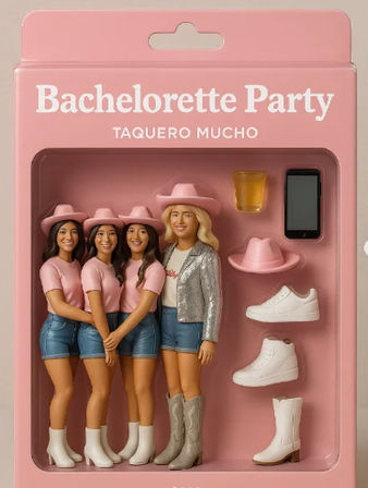 Pink packaged bachelorette party figurine set with four female figures in pink cowboy hats and denim shorts, plus accessories: extra hats, sneakers and boots, a shot glass and a phone — playful bridal shower party favor