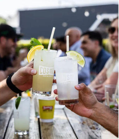 Friends toasting tall citrus cocktails garnished with lemon, lime and mint on a sunny outdoor patio table