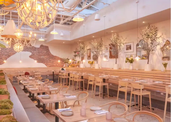 Bright airy café interior with light wood tables and curved rattan chairs, long banquette seating, hanging pendant lights and chandeliers, exposed brick accent wall and potted floral arrangements.
