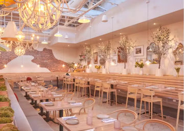 Bright airy café interior with light wood tables and curved rattan chairs, long banquette seating, hanging pendant lights and chandeliers, exposed brick accent wall and potted floral arrangements.